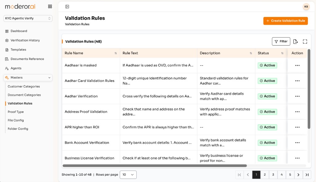 KYC validation rules management screen