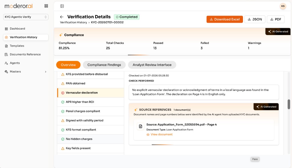 KYC verification details showing compliance findings and source references