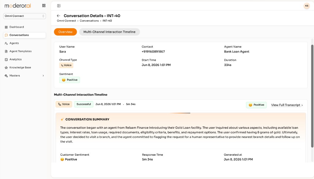Omni Connect conversation details with multi-channel interaction timeline and AI-generated summary